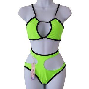 807 Lingerie Neon Green Fashion Bikini Black Trim Sz Med Fashion Swim Wear NWT